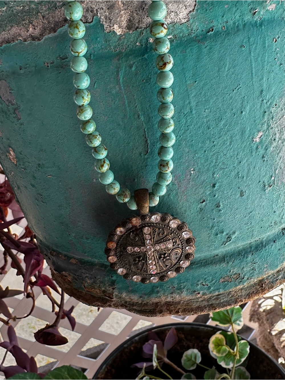 Turquoise Beaded Cross Pendant Necklace - Women Jewelry